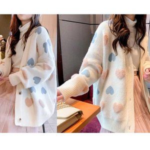Sweet Heart Fuzzy Soft Cozy Feminine Flirty Chunky Button Cardigan Sweater S